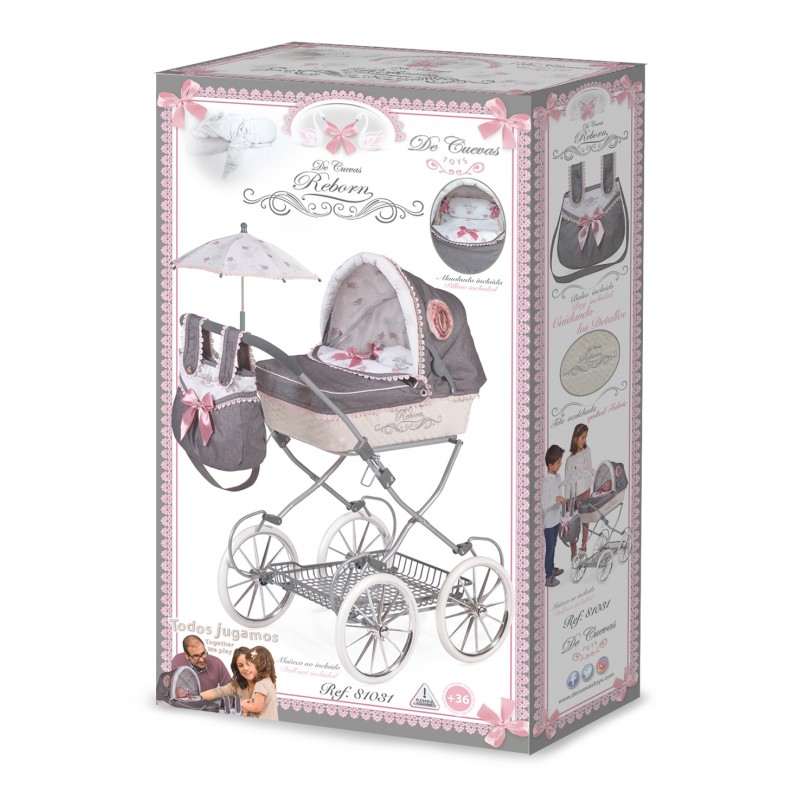 Poussette Pliable Pour Poupée Sophie DeCuevas 81075 – Avec Ombrelle, Réglable, Roues Grandes, Nacelle 47x25 Cm (rose/blanc)